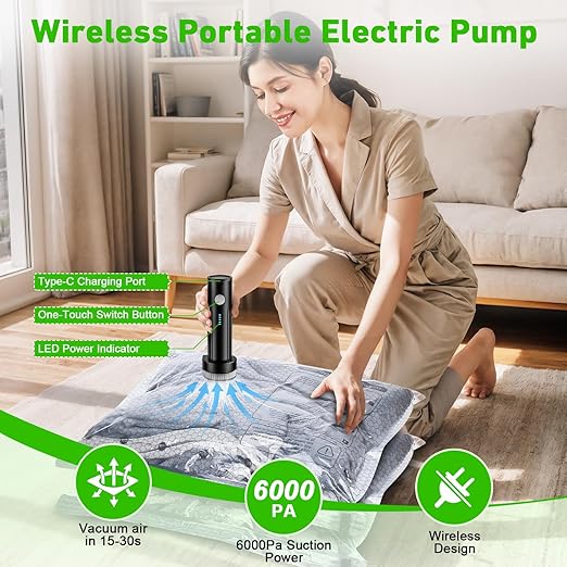 Vacuum Seal Bags for Clothing with Wireless Electric Pump - Travel & Home Use, 9 Pack Ideal Space Saver Vacuum Storage Bags, Travel Vacuum Bags for Luggage