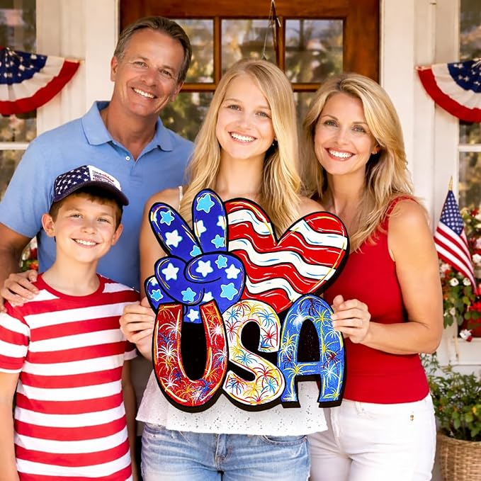 Wooden 4th of July Decorations Patriotic Wreaths for Front Door Independence Day Decorations Star Sign Welcome Memorial Day Hanging for Home Wall Decor Outdoor Indoor Red White and Blue Wreath 6