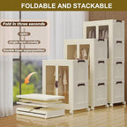 Portable Closet Wardrobe, Folding Storage Bins with Lid, Stackable Storage Box with Hanging Rod and Doors, Collapsible Plastic Clothes Cabinet with Wheels, 10 Hangers