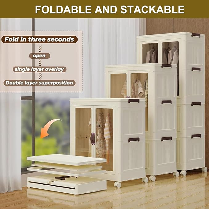 Portable Closet Wardrobe, Folding Storage Bins with Lid, Stackable Storage Box with Hanging Rod and Doors, Collapsible Plastic Clothes Cabinet with Wheels, 10 Hangers