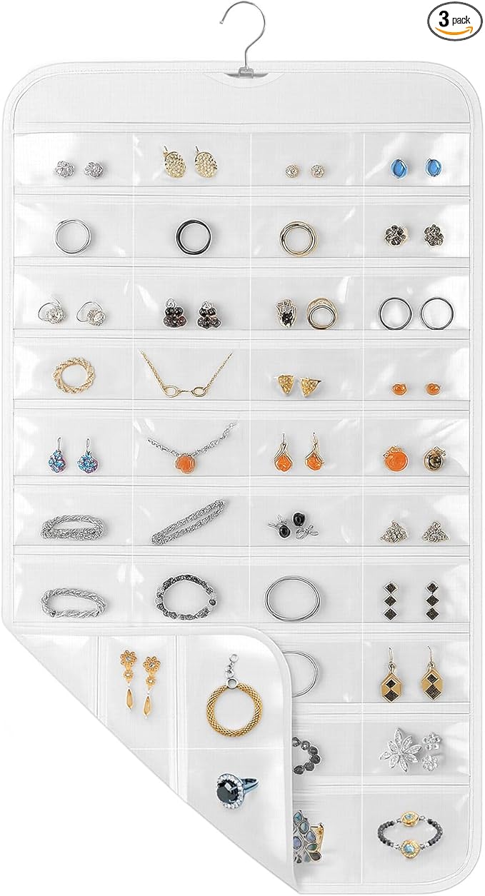 3 Pack Hanging Jewelry Organizer, 80 Clear Pockets earring organizer and storage, Accessories holder organizer for Closet, Jewelries, Necklace, Travel
