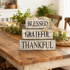 4 Pcs Farmhouse Wooden Tabletop Decor Neutral Farmhouse Tiered Tray Decor Rustic Retro Wood Bead Garland Blessed Grateful Thankful Block Sign Centerpiece for Coffee Home Office Shelf Mantle Table