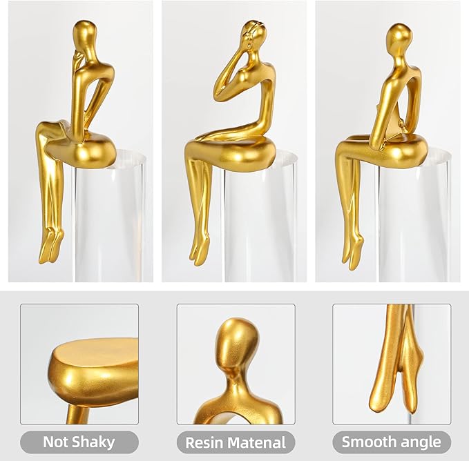 BMLCGJ Thinker Statue Gold Decor Abstract Art Sculpture, Golden Resin Collectible Figurines for Home Living Room Office Shelf Decoration,Great Gifts Ideas (Sitting Posture-Gold)