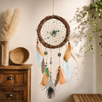 Rattan Dream Catchers with Peacock Feather, Boho Wall Decor Rustic Wooden Native American Wall Art for Bedroom Living Room (Green Blue Mix)