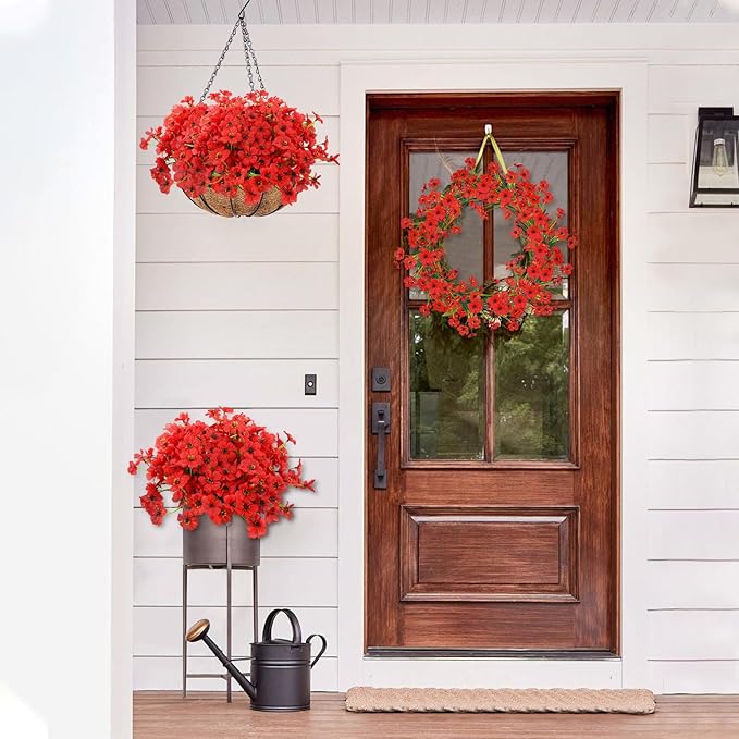 MACTING 12 Bundles Artificial Flowers for Outdoors Fake Flowers UV Resistant Faux Plastic Plants No Fade for Planters Window Patio Porch Garden Home Outside Spring Summer Decorations,Red
