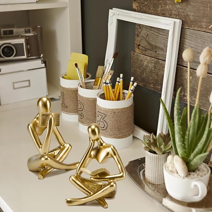 Prettidecor Thinker Statue Set of 2, Abstract Art Reading Sculpture Figurine, Modern Aesthetic Home Decoration for Living Room Bedroom Office Shelves Coffee Table Desk Bookshelf Decor (Gold)