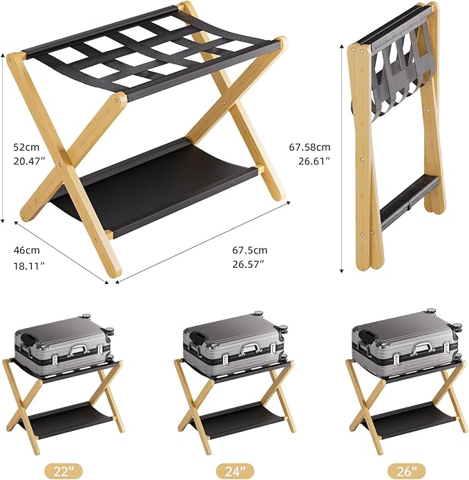 HITNET Luggage Rack, Folding Suitcase Stand for Guest Room, Bamboo Luggage Holder with Storage Shelf for Hotel Bedroom, Natural