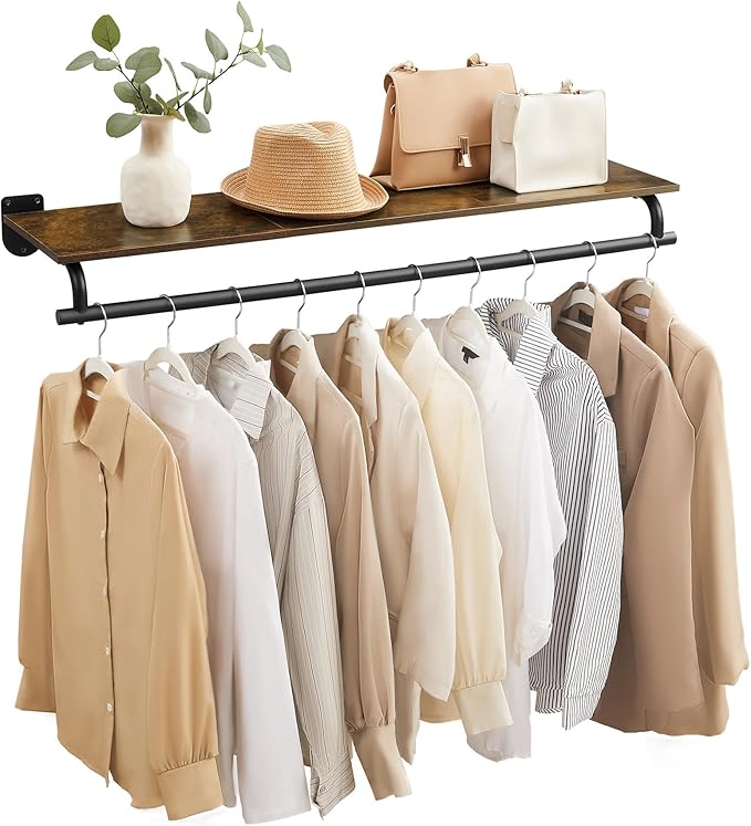 SONGMICS Clothes Rack with Top Shelf, Wall Mounted Clothing Rack, with Hanging Rod, Loads up to 77 lb, 11 x 42.9 x 5.2 Inches, Entryway, Bedroom, Closet, Rustic Brown and Ink Black UHSR135B01