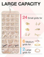 BAGSMART Hanging Jewelry Organizer Storage Roll with Hanger Metal Hooks Double-Sided Jewelry Holder for Earrings, Necklaces, Rings on Closet, Wall, Door, 1 piece, Large, Beige