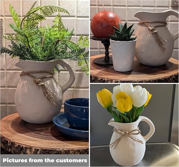 Ceramic Jug Vase, Small Farmhouse Pitcher Vase for Home Decor, Rustic Decorative Pottery Flower Vases with Handle, Centerpiece for Kitchen/Living Room/Bedroom/Office/Bookshelf/Mantel, Height 5.6"