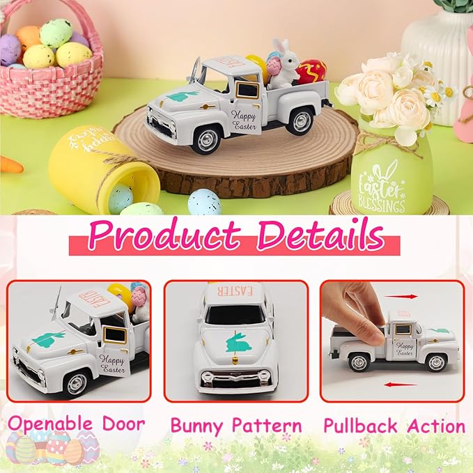Easter Decorations - Mini Farmhouse Vintage Metal Truck with Easter Eggs & Bunny, White Spring Farm-Style Pickup Decor for Table Tiered Tray Home Kitchen Office Keepsake Gifts