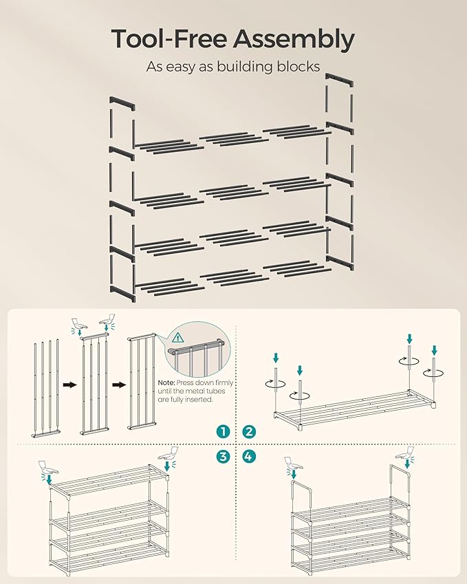 SONGMICS Shoe Rack, 4-Tier Shoe Organizer, Metal Storage Shelf, Upright or Upside Down, for 25-30 Pairs, Stackable, for Entryway, 11.8 x 46.1 x 28.4 Inches, Black ULSA034B01