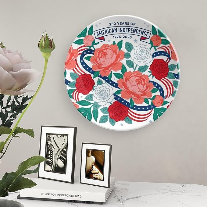 250th Anniversary Decorative Plates 8 Inch Modern Floral Patriotic Decorations Commemorative Plates with Stand Memorial Day 4th of July Veterans Day Home & Office