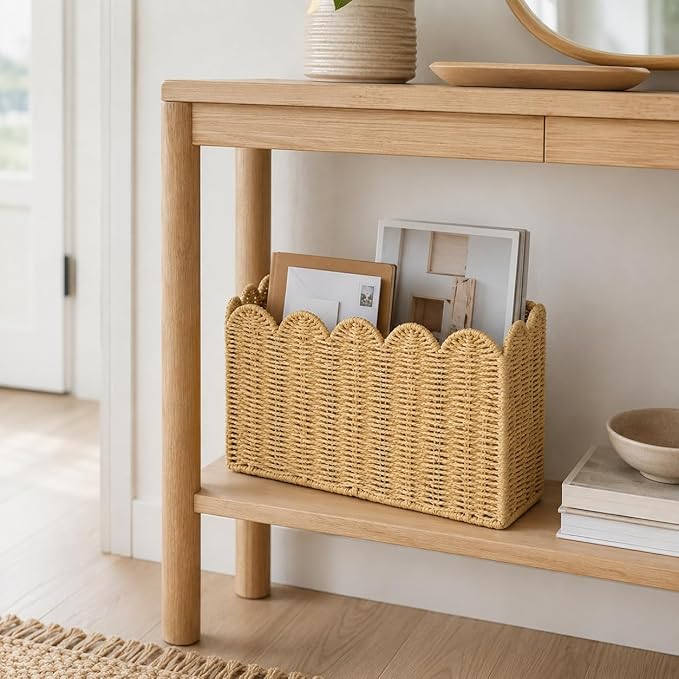 Paper Rope Magazine Holder for Floor with Scalloped Edge, Tall Narrow Wicker Magazine Basket – Book Basket, File Holder & Mail Basket for Living Room, Office & Bedroom