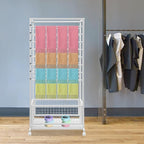 16-Layer Scarf Display Stand, Rolling Scarf Organizer Holder Hanging Rack with Wheels & Storage Basket for Retail Store Boutique Display Bedroom, W26.5*D16.9*H59in (White)