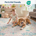 Lessymo 8x10 Washable Rug for Living Room, Soft Non Slip Pink Area Rugs for Bedroom Nursery Dining Room, Low Plie Boho Forest Large Carpet Botanical Colorful Cute Flower, Pink Green