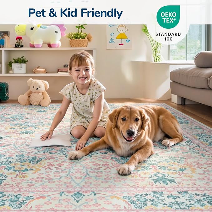 Lessymo 8x10 Washable Rug for Living Room, Soft Non Slip Pink Area Rugs for Bedroom Nursery Dining Room, Low Plie Boho Forest Large Carpet Botanical Colorful Cute Flower, Pink Green