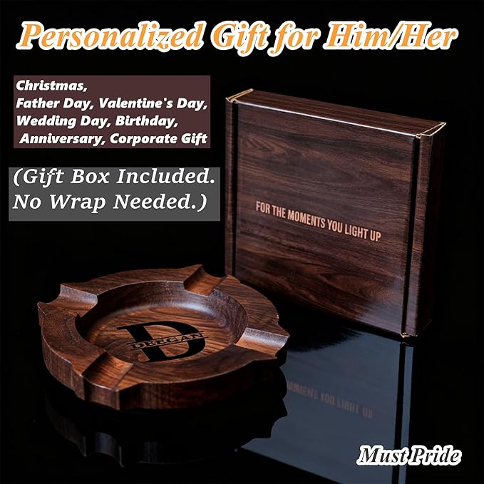 Personalized Name Walnut Cigar Ash Tray for Men Custom Wooden Cigar Ashtray Monogramed Men Ashtray Gifts for Father's Day Husband Fathers Groomsmen Papa Grandpa (Retro Tray)