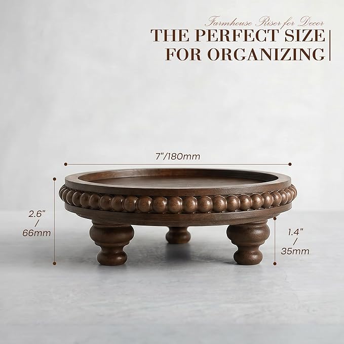 EOSAHR Acacia Round Wood Riser for Home Decor - Retro Beaded Pedestal Tray for Perfume Organizer, Plant Stand & Sponge Holder - Ideal for Kitchen Decor & Apartment Decor(Dark Acacia)