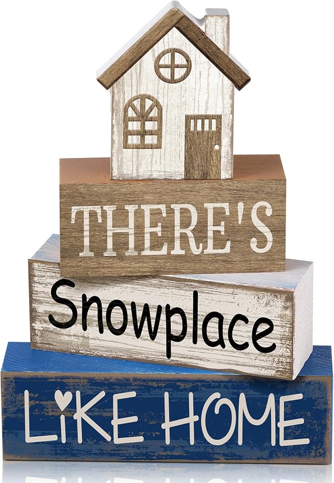 Lineshading 4 Pcs Christmas Table Decoration Wooden House Decor Christmas Tiered Tray Decor Rustic Decorative Home Block Signs Gifts Winter Centerpieces Farmhouse Sweet Home Decoration for Shelf