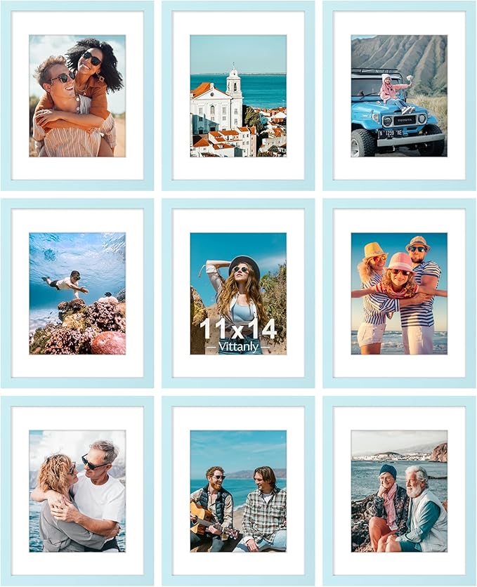 Vittanly 11x14 Picture Frames Set of 9, Shatter Resistant Plexiglass, Display 8x10 Pictures with Mat or 11x14 without Mat, Photo Frames for Wall or Tabletop, Engineered Wood, Light Blue