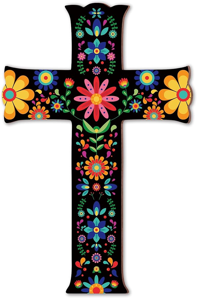 TNVDFNBR Floral Mexican Cross Wall Decor, Hand Painted Wooden Cross Wall Art, Mexican Crucifix for Home Room Church Decoration (6.5x10 Inches)-A01