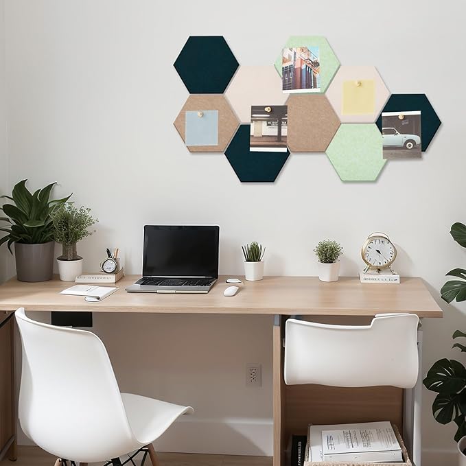 Mindsoft 16 Pcs Hexagon Cork Board for Walls with 50 Wooden Push Pins 12x10 in Felt DIY Tiles Notice with Nano Tape Hanging Bulletin Board for Home Photo Office Memo Note (Green)