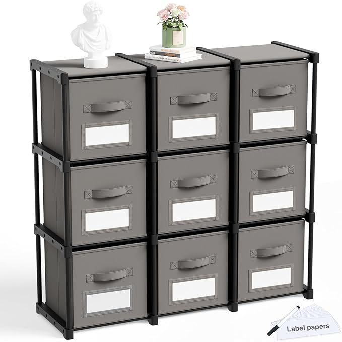 Geelin 9 Cube Storage Organizer with Fabric Bins and Labels 11 Inch, Fabric Collapsible Cubby Clothes Storage Drawer Dresser for Bedroom Living Room Office Organization