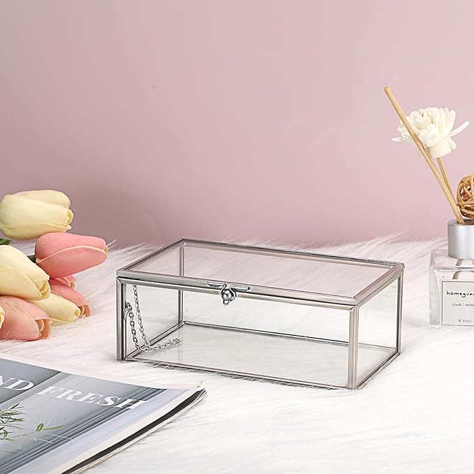 Hipiwe Vintage Glass Keepsake Box Rectangle Jewelry Display Organizer Lidded Box Home Decor Accent Decorative Box for Storage Trinket Rings Bracelet, Silver, Small