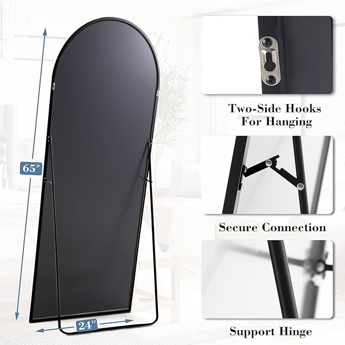 DUMOS Arched Full Length Floor Mirror, 65"x24" Full Body Standing Mirror with Aluminum Frame and Shatter Proorf Nano Glass, Modern Wall Hanging Leaning for Living Room, Home Decor, Black