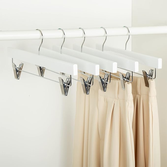 Amazon Basics Durable Wooden Pants and Skirt Hangers with Clips,Closet Organizer,White,(Pack of 60)