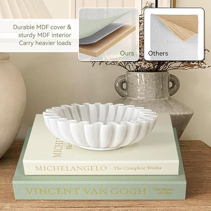 1DOT2 Aesthetic Decorative Books -Set of 2 Minimalist Linen Hardcover Faux/Fake Books for Coffee Table Home Decor Living Room Decoration, Photo Storage or as a Keepsake Box(Sage-beige-artist)