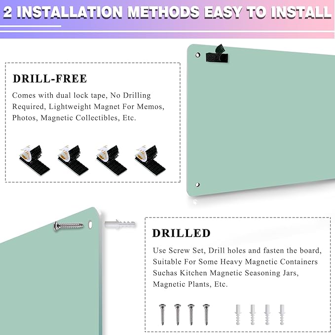 Green Magnetic Board,17.5" x 11.4" Magnet Bulletin Board to Display Magnetic Notes, Poetry, Photos, Suitable for Wall, Refrigerator, Cabinet etc, Come with 4 Pcs Dual Lock Tape and Screws