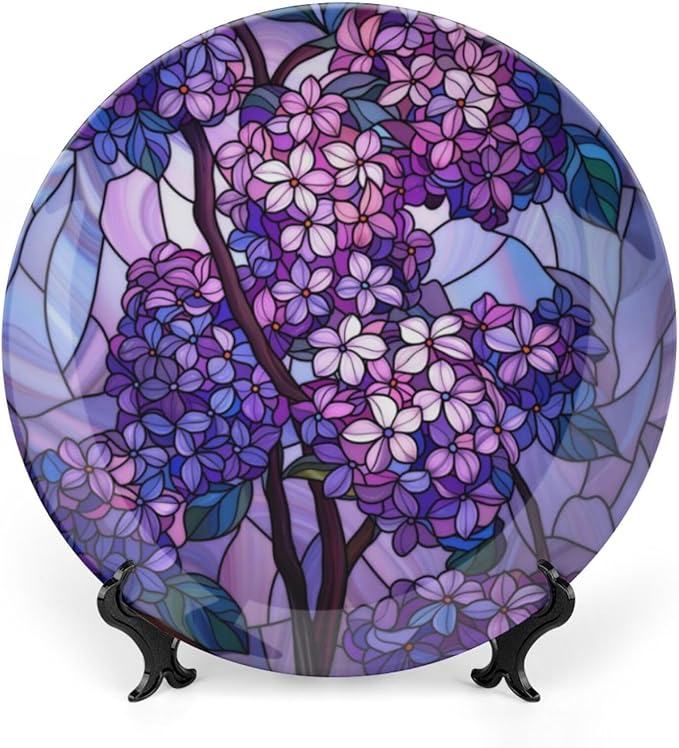 Stained Glass Theme Decorative Ceramic Plate Round Porcelain Plate,10 inch,Lilac Pattern,for Decorative Ornaments Giving Plates, 1 Plate with 1 Display Stand,Purple