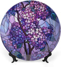Stained Glass Theme Decorative Ceramic Plate Round Porcelain Plate,10 inch,Lilac Pattern,for Decorative Ornaments Giving Plates, 1 Plate with 1 Display Stand,Purple