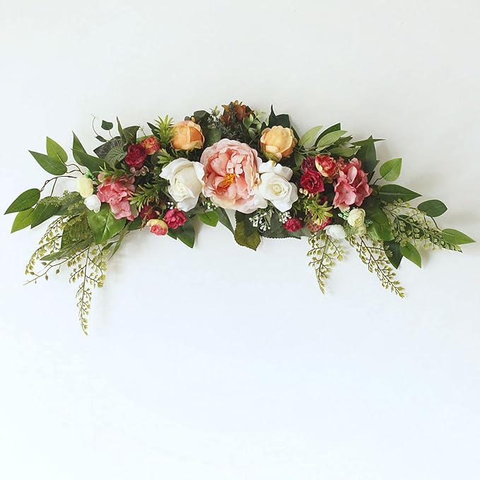 30in Artificial Floral Swag, Wedding Arch Flowers Handmade Rose Peony Flower Swag Rustic Hydrangea Floral Swag Decorative Swag with Green Leaves for Lintel Front Door Wall Christmas Party