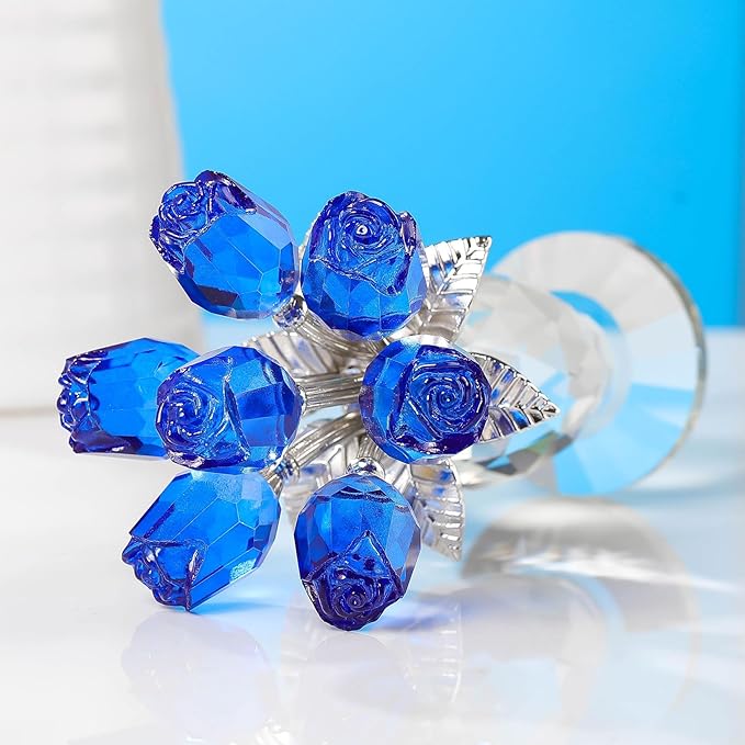 Movdyka Blue Rose Crystal Flower Figurine with Vase Glass Rose Gifts for Women Wife Girlfriend Mom Collectible Home Table Decor for Mother's Day Birthday Wedding Anniversary