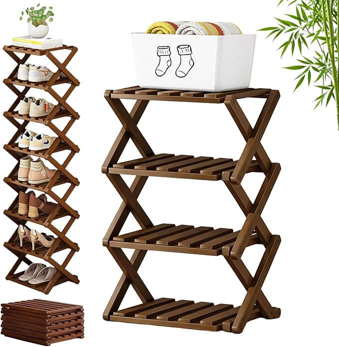 The 9-Tier No-Assembly Bamboo Rack, 3-9 Tiers Bamboo Shoe Rack, Foldable Bamboo Vertical Shoe Organizer, Multifunctional & Space-Saving, For Entryway, Closet, Corner, Bedroom, Hallway (Walnut, 4Tiers)