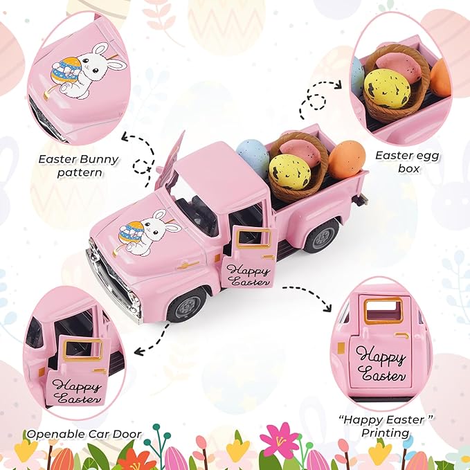 Spring Truck Decor, Pink Egg Bunny Truck Decorations for Home Indoor, Mini Basket Eggs Truck Tiered Tray Decor, Spring Rustic Farmhouse Kitchen Tabletop Decorations for Office