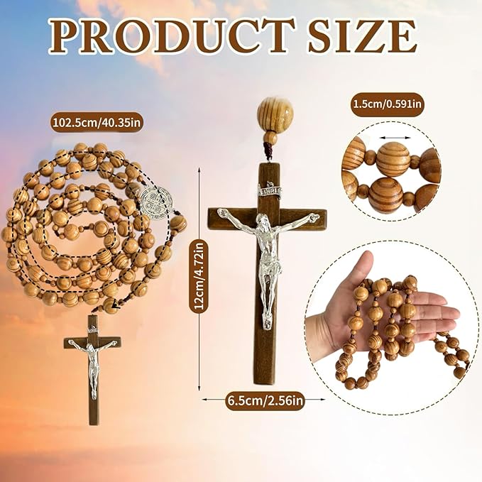 Bovemee Handmade Wooden Wall Cross with San Benito Medal, 42 Inch Large Crucifix, Big Brown Wood Rosary Beads Catholic Wall Decor Catholic Gifts