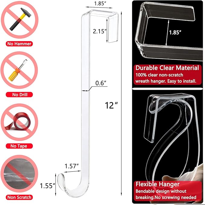Wreath Hangers for Front Door,12" Clear Wreath Door Hanger,2 Pack Wreath Hanger Non Scratch Over The Door Hooks Easter Christmas Decorations Indoor Outdoor,Welcome Sign for Front Door Decor
