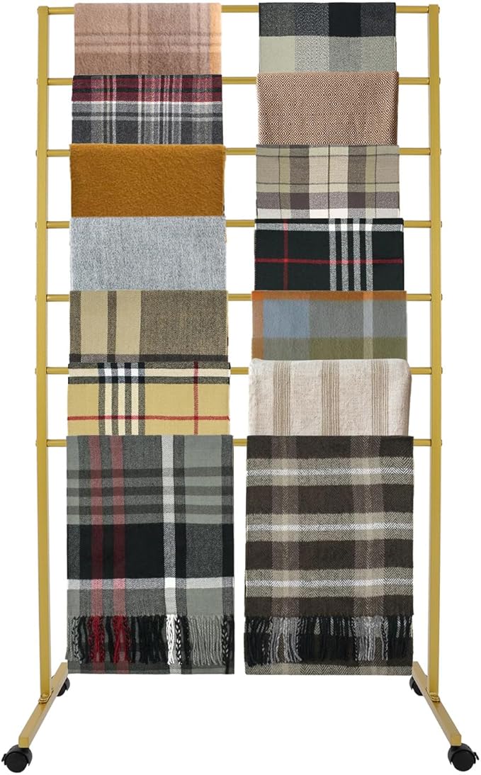 Scarf Organizer Stand, 7-Tier Freestanding Scarf Display Rack with Wheels, Metal Scarf Holder Belt Pants Hanger for Commercial Clothing Retail Store Home, 31.5" x 15.7" x 59"(Gold)