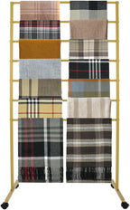 Scarf Organizer Stand, 7-Tier Freestanding Scarf Display Rack with Wheels, Metal Scarf Holder Belt Pants Hanger for Commercial Clothing Retail Store Home, 31.5" x 15.7" x 59"(Gold)