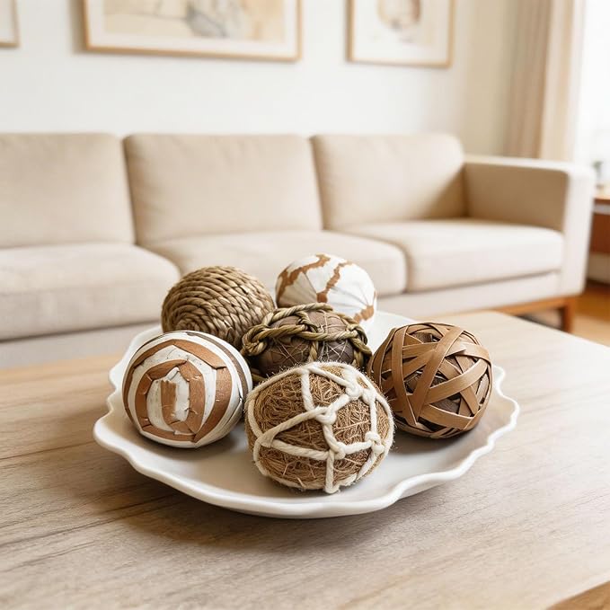 6pcs Decorative Balls for Bowl Centerpiece, 2.4 Inch Orbs Spheres Decor Balls Rattan Wicker Balls for Bowl Fillers, DIY Home Vase Table Decor