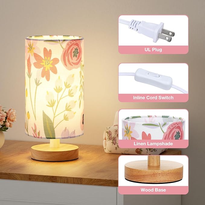 Fenmzee Floral Table Lamp for Bedroom - Inline Control, Small Bedside Lamp with 3000K A15 LED Blub, Easy Assembly (Floral White Shade, 9" Inline Control)