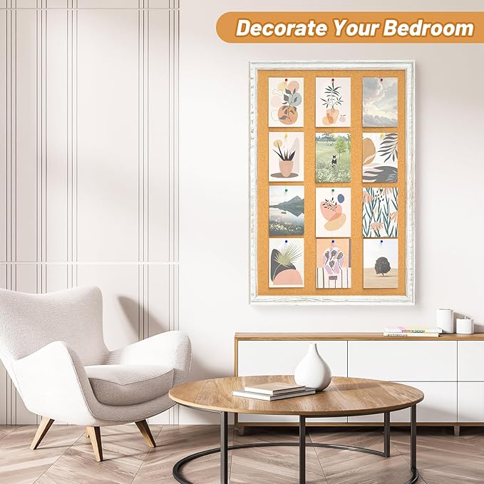 White Cork Board for Wall, 36 x 24 inches Decorative Bulletin Board, Rustic Wooden Frame Pin Board for Office, Dorm, Home Decor