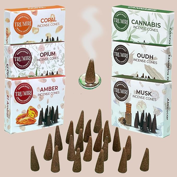 TRUMIRI Exotic Incense Cones - Variety Pack - Total 60 Cone Incense (6 Scents x 10 Conos) - Copal, Oud, Musk, Amber - Cone Incense Scents - Insense Cones - Incent Cone