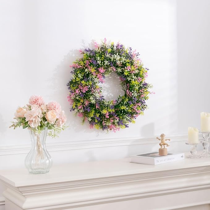 SHACOS Spring Wreath 17" Artificial Front Door Wreaths Pink Purple Yellow White Colorful Wreath for Home Wall Window Farmhouse Decoration 100% Plastic Indoor Outdoor