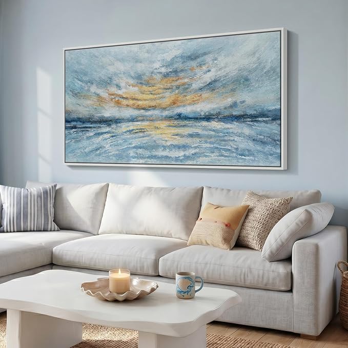 Extra Large Framed Blue Gold Abstract Wall Art for Living Room, Oversized Coastal Horizon Canvas Prints Paintings Artwork for Walls, Horizontal Modern Pictures for Bedroom Dining Room Wall Decor 36x72