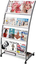 LIWSHWZ Magazine Rack Floor Standing,Brochure Display Stand, 4 Pockets Metal Literature Stand,Newspaper Rack with Wheels for Trade Show Exhibitions Office Retail Store